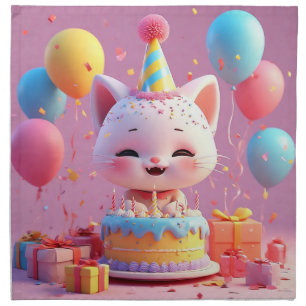 Adorable Animated Cat Celebrating a Birthday Party Cloth Napkin