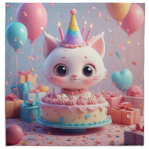 Adorable Animated Cat Celebrating a Birthday Party Cloth Napkin