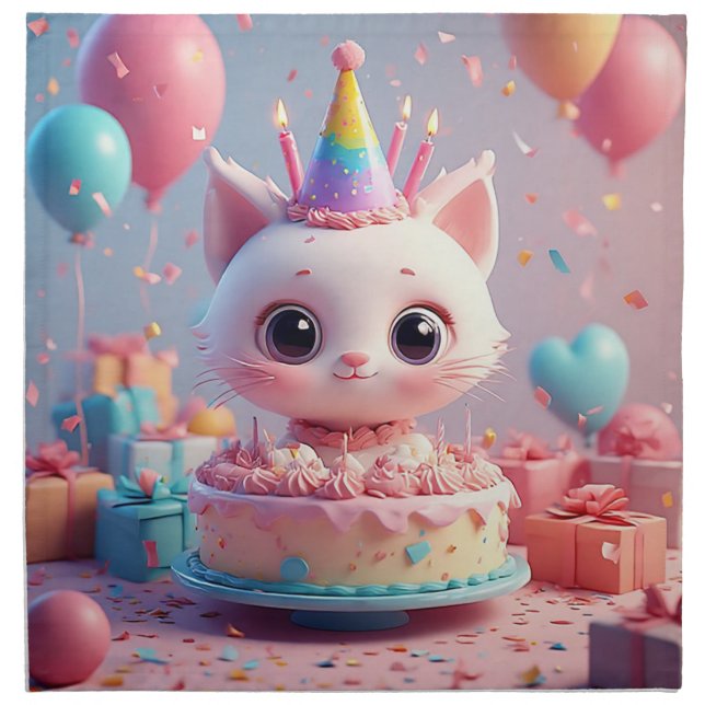 Adorable Animated Cat Celebrating a Birthday Party Cloth Napkin (Front)