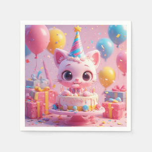 Adorable Animated Cat Celebrating a Birthday Party Napkins