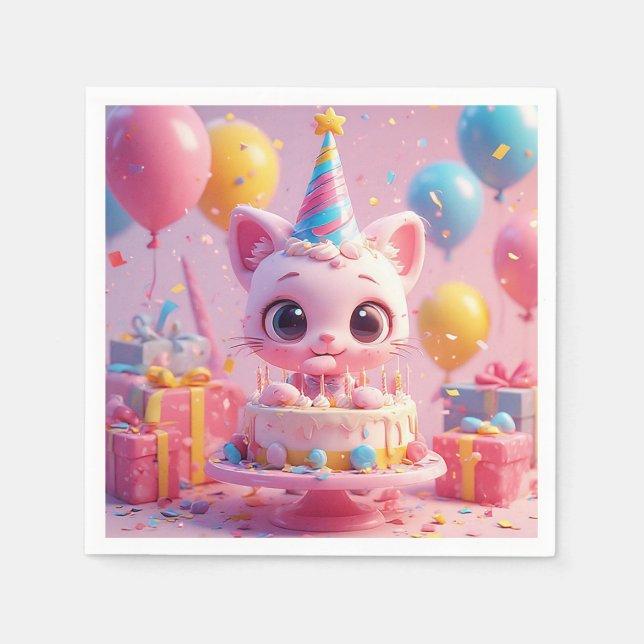Adorable Animated Cat Celebrating a Birthday Party Napkins (Front)