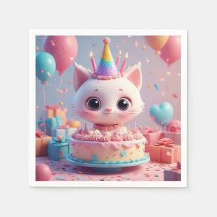 Adorable Animated Cat Celebrating a Birthday Party Napkins