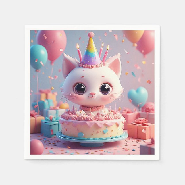 Adorable Animated Cat Celebrating a Birthday Party Napkins (Front)