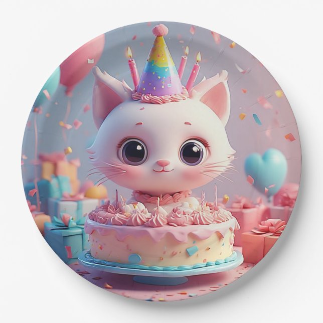 Adorable Animated Cat Celebrating a Birthday Party Paper Plates (Front)