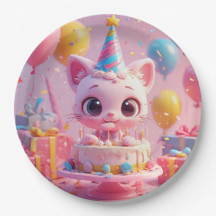 Adorable Animated Cat Celebrating a Birthday Party Paper Plates