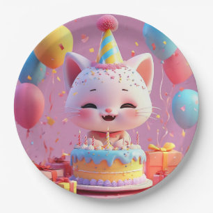 Adorable Animated Cat Celebrating a Birthday Party Paper Plates