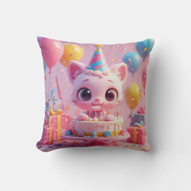 Adorable Animated Cat Celebrating a Birthday Party Throw Pillow (Front)