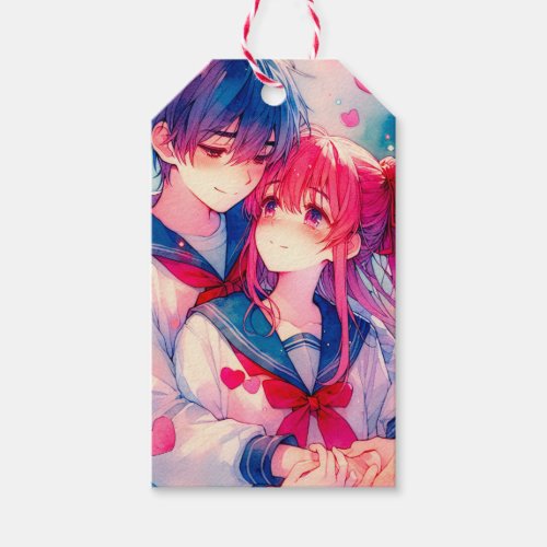 Adorable Anime Boy and Girl Red Hearts Gift Tags