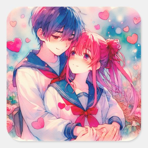 Adorable Anime Boy and Girl Red Hearts Square Sticker