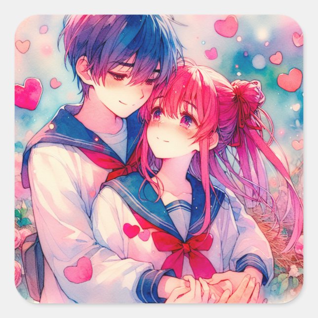 Adorable Anime Boy and Girl Red Hearts Square Sticker (Front)