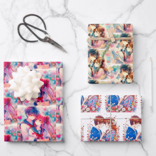 Adorable Anime Boy and Girl Red Hearts Wrapping Paper Sheets