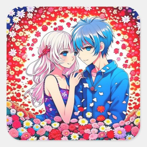 Adorable Anime Couple Romantic Square Sticker