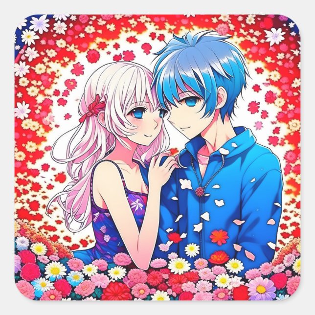 Adorable Anime Couple Romantic Square Sticker (Front)