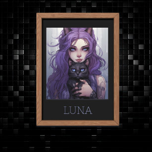 Adorable Anime Girl and Cat Cute Purple Hair Poster