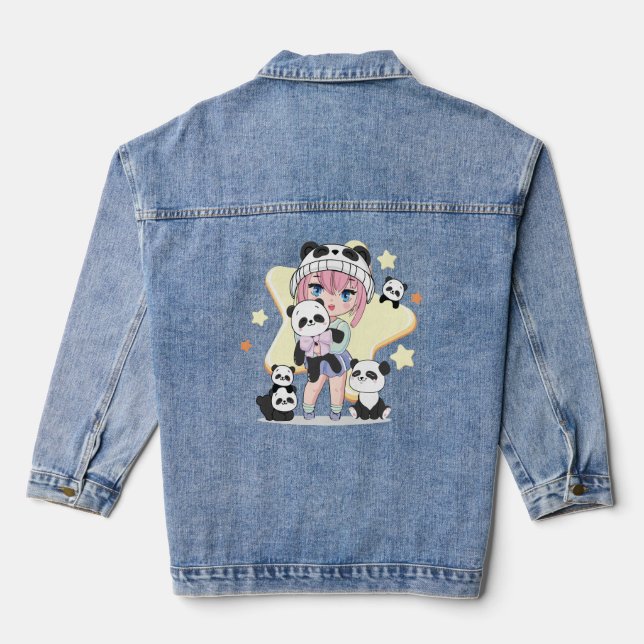 Adorable Anime Girl Surrounded by Panda Toys Denim Jacket (Back)