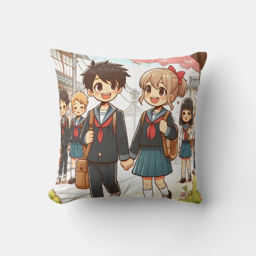 Adorable Anime_Inspired School Kids Throw Pillow