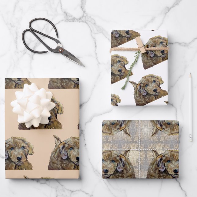 Adorable Apricot Goldendoodle Puppy Pastel Drawing Wrapping Paper Sheets (Front)