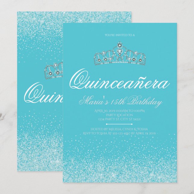 Adorable Aqua Glitter, Quinceanera Invitations (Front/Back)