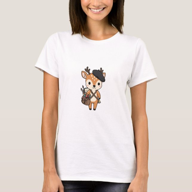 Adorable Artist Deer with Beret and Art Supplies T-Shirt (Front)