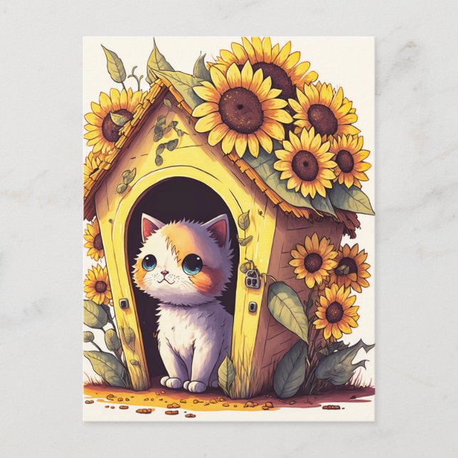 Adorable Artistic Posing Kitty Cat Illustration Postcard (Front)