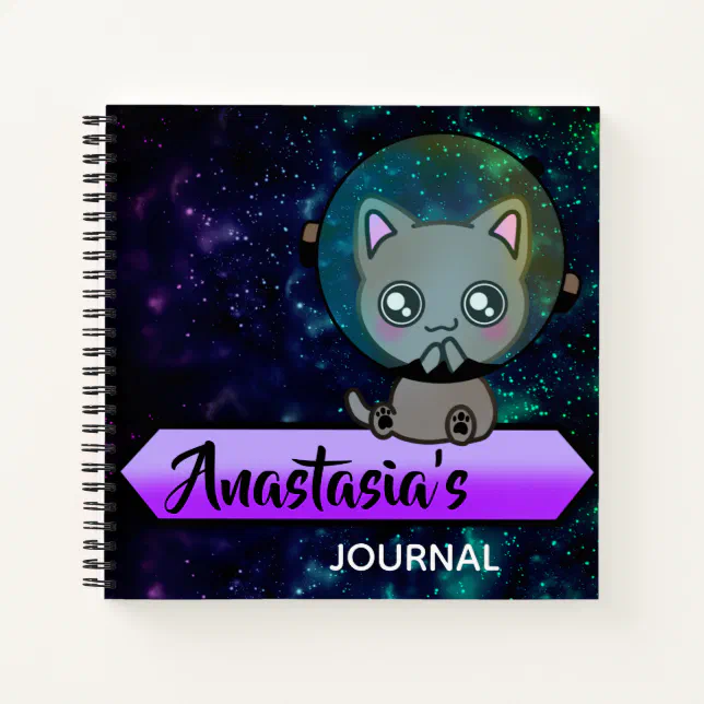 Adorable Astronaut Space Kitty Cat with Stars Notebook (Front)