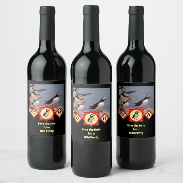 Adorable Atlantic Puffin Cartoon Monogram Photo Wine Label (Bottles)