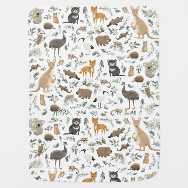 Adorable Australian Animals Greenery Leaves Baby Blanket (Front)