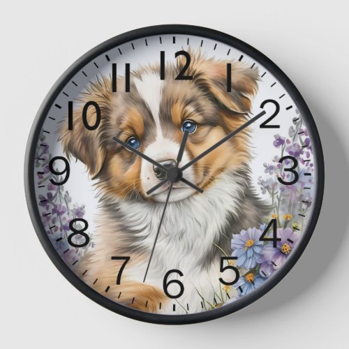 Adorable Australian Shepherd Puppy Dog Clock