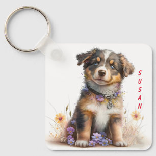 Adorable Australian Shepherd Puppy Dog Keychain