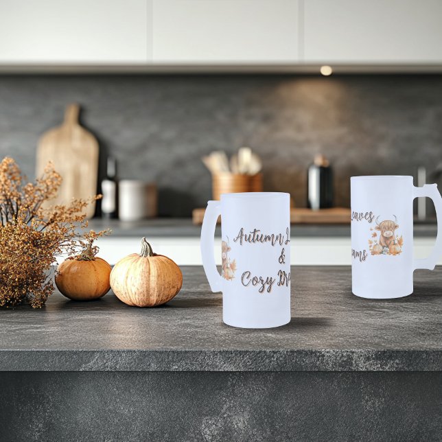 Adorable Autumn Highland Cow Frosted Glass Beer Mug (Creator Uploaded)