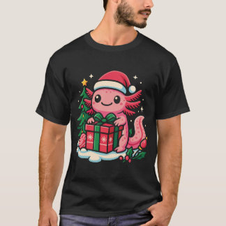 Adorable Axolotl Wearing a Santa Hat Holding a Chr T-Shirt