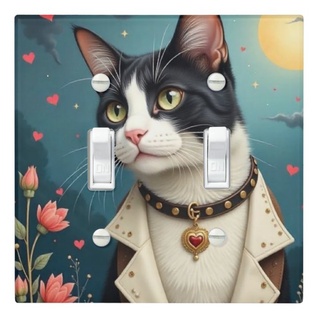 Adorable B&W Cat Folk Art Light Switch Cover (In Situ)