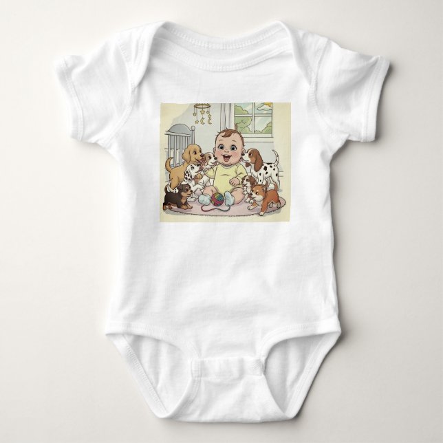 "Adorable Baby and Dogs Cartoon Baby  Baby Bodysuit (Front)