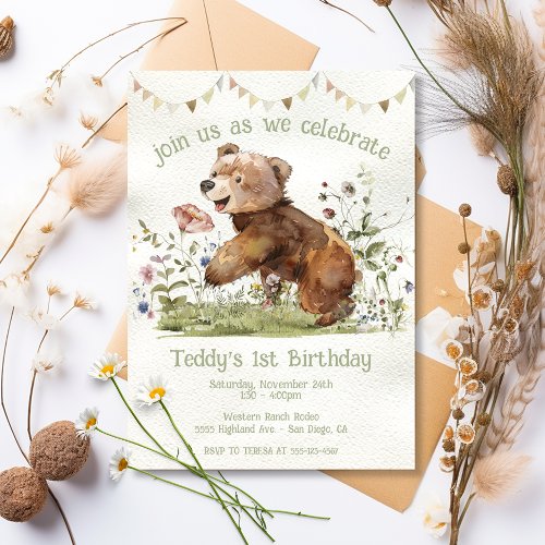 Adorable Baby Bear 1st Birthday Party Invitation