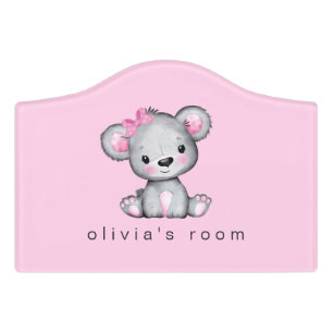 Adorable Baby Bear Girl's Girly Pink Personalized Door Sign