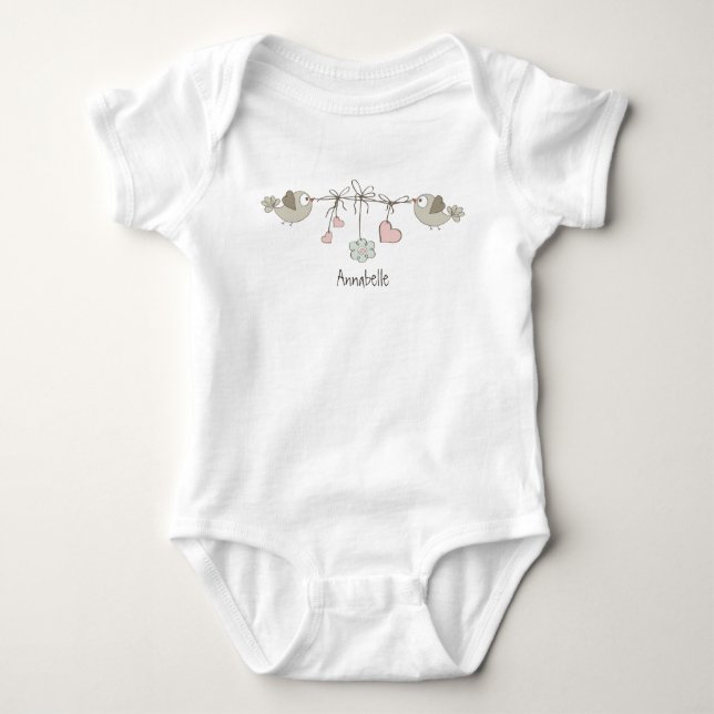 Adorable Baby Birds Hearts Name Bodysuit (Front)