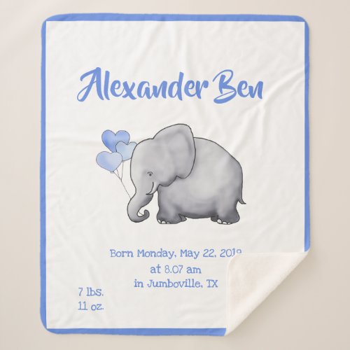 Adorable Baby Blue Birth Stats Nursery Elephant Sherpa Blanket