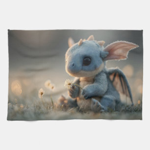 Adorable Baby Blue Dragon Holding a Daisy Kitchen Towel