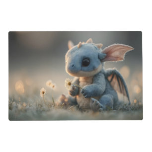 Adorable Baby Blue Dragon Holding a Daisy Placemat