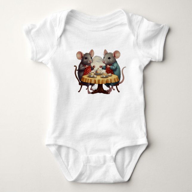 Adorable Baby Bodysuit Featuring Mice Enjoying Bre (Front)