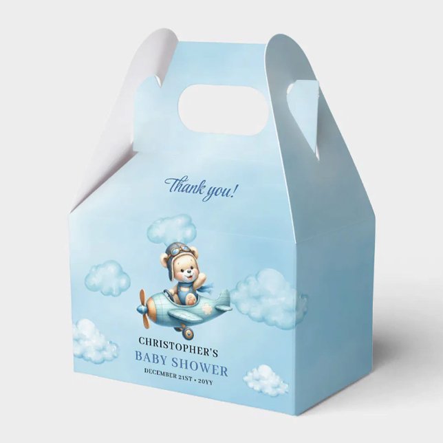 Adorable Baby Boy Shower Airplane Pilot Bear Box (Sweet Boy Shower Aviator Bear Blue Brown Box)