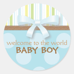 Adorable Baby Boy Stripes + Dots Blue Green w Bow Classic Round Sticker