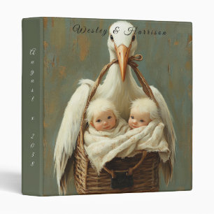 Adorable Baby Boy Twins Stork Woven BAsket 3 Ring Binder