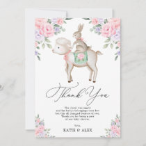 Adorable Baby Bunny & Lamb Pink Purple Flowers Thank You Card