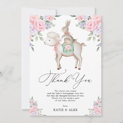 Adorable Baby Bunny  Lamb Pink Purple Flowers Thank You Card