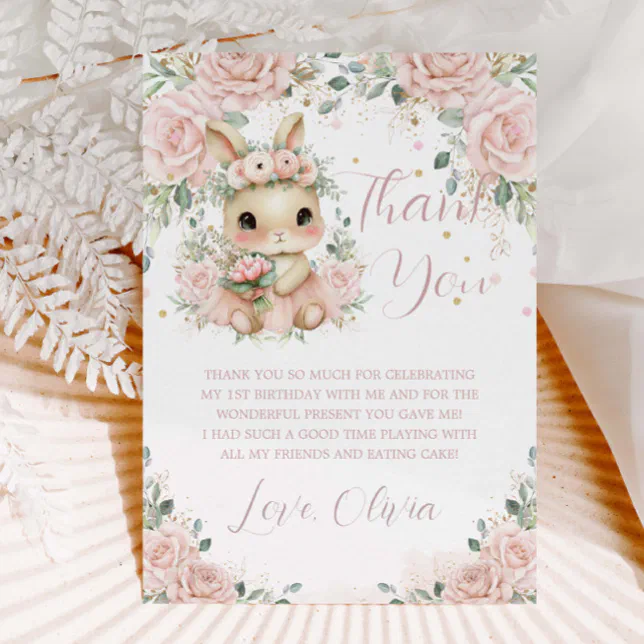Adorable Baby Bunny Rabbit Blush 1st 2nd Birthday Thank You Card | Zazzle