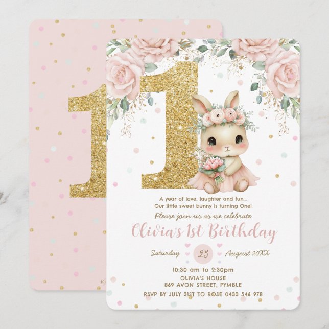 Adorable Baby Bunny Rabbit Blush 1st Birthday One  Invitation (Front/Back)
