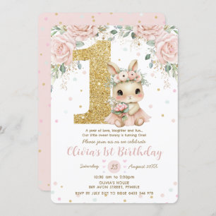 Adorable Baby Bunny Rabbit Blush 1st Birthday One Invitation