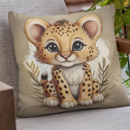 Adorable Baby Cheetah Watercolor Illustration  Throw Pillow