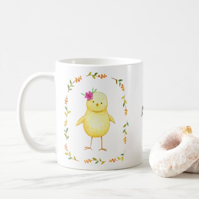 Adorable Baby Chick with Flowers Customizable Name Coffee Mug (With Donut)